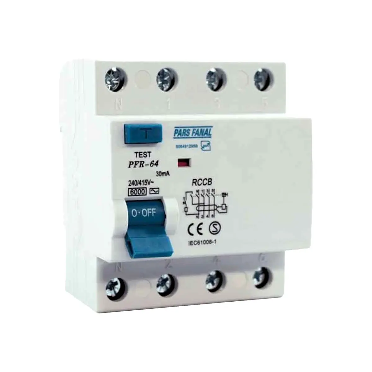 کلید محافظ جان چهار پل 63 آمپر پارس فانال مدل PFR-4P-63A-6K-30mA